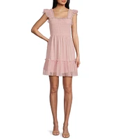 Blu Pepper Lace Polka Dot Smocked Square Neck Sleeveless Tiered Mini Dress
