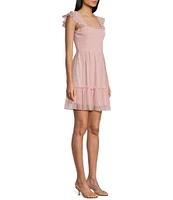 Blu Pepper Lace Polka Dot Smocked Square Neck Sleeveless Tiered Mini Dress