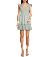 Blu Pepper Lace Polka Dot Smocked Square Neck Sleeveless Tiered Mini Dress