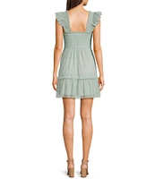 Blu Pepper Lace Polka Dot Smocked Square Neck Sleeveless Tiered Mini Dress