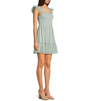 Blu Pepper Lace Polka Dot Smocked Square Neck Sleeveless Tiered Mini Dress