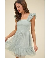 Blu Pepper Lace Polka Dot Smocked Square Neck Sleeveless Tiered Mini Dress