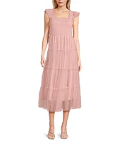Blu Pepper Lace Polka Dot Square Neck Sleeveless Tiered Midi Dress