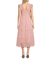 Blu Pepper Lace Polka Dot Square Neck Sleeveless Tiered Midi Dress