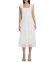 Blu Pepper Lace Polka Dot Square Neck Sleeveless Tiered Midi Dress