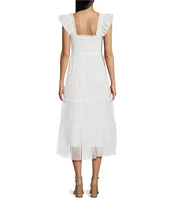 Blu Pepper Lace Polka Dot Square Neck Sleeveless Tiered Midi Dress