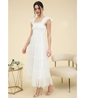 Blu Pepper Lace Polka Dot Square Neck Sleeveless Tiered Midi Dress