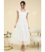 Blu Pepper Lace Polka Dot Square Neck Sleeveless Tiered Midi Dress