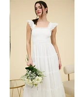 Blu Pepper Lace Polka Dot Square Neck Sleeveless Tiered Midi Dress