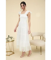 Blu Pepper Lace Polka Dot Square Neck Sleeveless Tiered Midi Dress