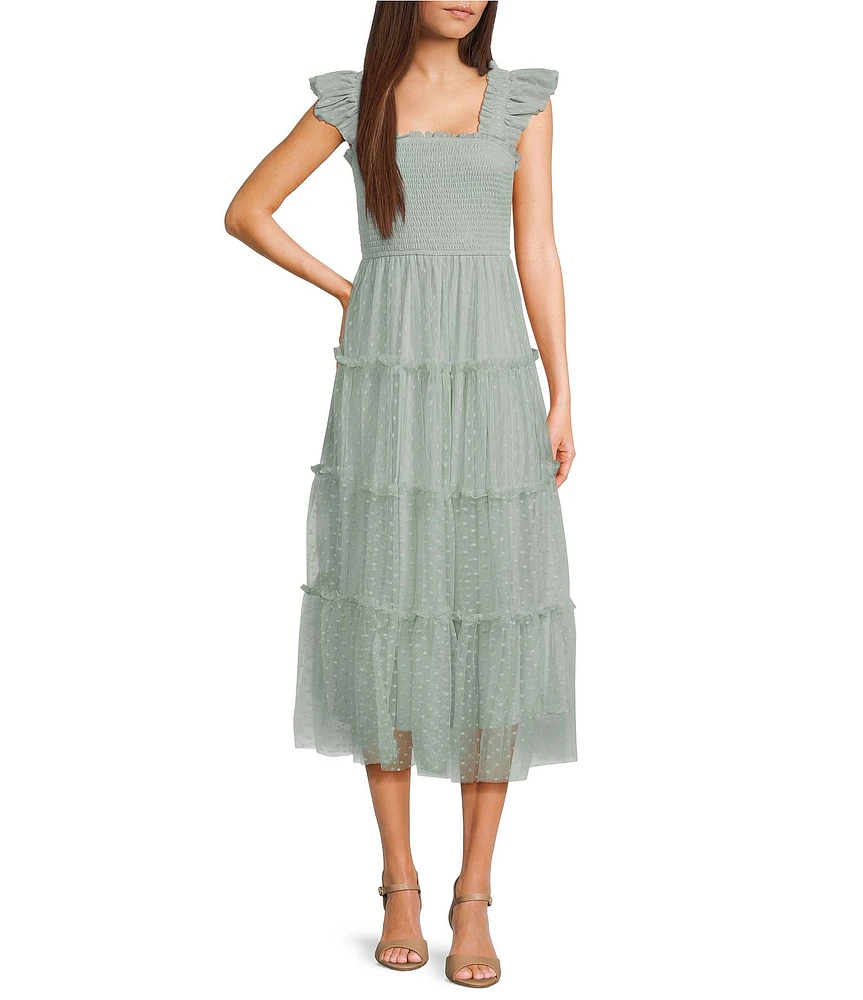 Blu Pepper Lace Polka Dot Square Neck Sleeveless Tiered Midi Dress