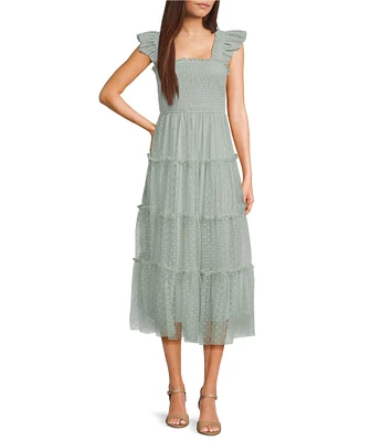 Blu Pepper Lace Polka Dot Square Neck Sleeveless Tiered Midi Dress