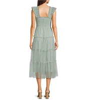 Blu Pepper Lace Polka Dot Square Neck Sleeveless Tiered Midi Dress