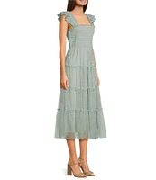 Blu Pepper Lace Polka Dot Square Neck Sleeveless Tiered Midi Dress