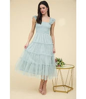 Blu Pepper Lace Polka Dot Square Neck Sleeveless Tiered Midi Dress