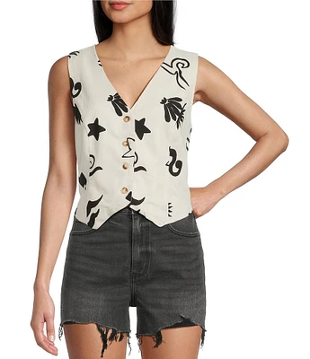 Blu Pepper Linen Blend Doodle Print Vest