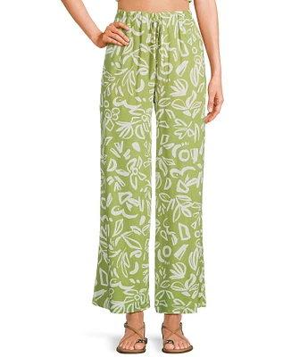 Blu Pepper Coordinating Linen Blend Floral Print High Waisted Wide Leg Pull-On Pants