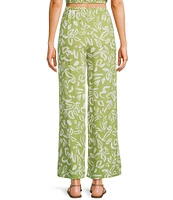 Blu Pepper Coordinating Linen Blend Floral Print High Waisted Wide Leg Pull-On Pants