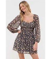 Blu Pepper Long Sleeve Shirred Mini Floral Dress