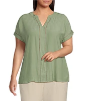 Blu Pepper Plus Short Sleeve Split V Neck Woven Blouse