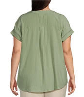 Blu Pepper Plus Short Sleeve Split V Neck Woven Blouse