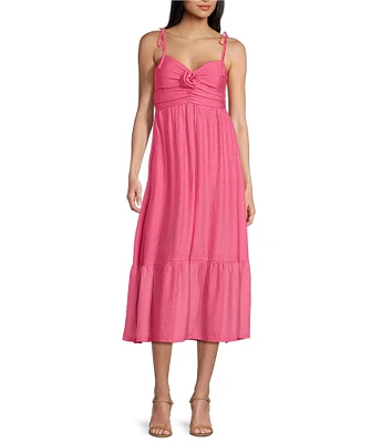 Blu Pepper Ruched Front Tie Strap Rosette Midi Dress