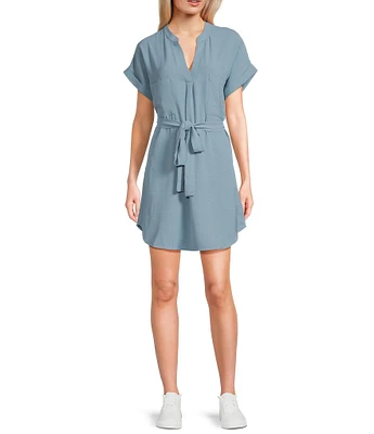Blu Pepper Short Sleeve Button Back Belted Shirt Dress