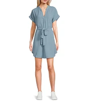 Blu Pepper Short Sleeve Button Back Belted Shirt Dress