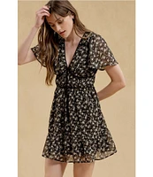 Blu Pepper Short Sleeve V-Neck Floral Print Velvet Trim Dress