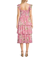 Blu Pepper Sleeveless Smoke Floral Tiered Ruffle Midi Dress