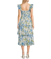 Blu Pepper Sleeveless Smoke Floral Tiered Ruffle Midi Dress