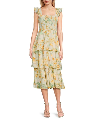 Blu Pepper Sleeveless Smoke Floral Tiered Ruffle Midi Dress