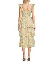 Blu Pepper Sleeveless Smoke Floral Tiered Ruffle Midi Dress