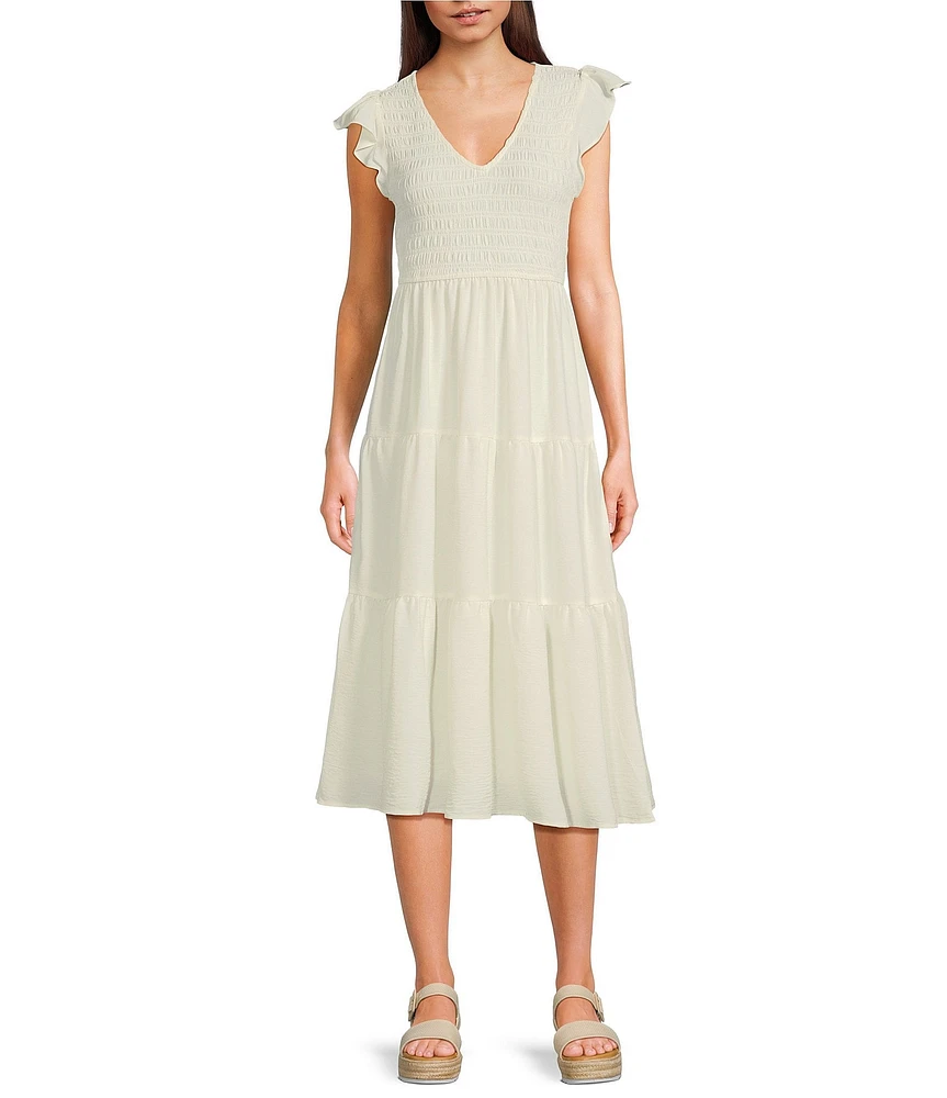 Blu Pepper Smocked V-Neck Short Flutter Sleeve Tiered Midi Dress