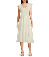 Blu Pepper Smocked V-Neck Short Flutter Sleeve Tiered Midi Dress