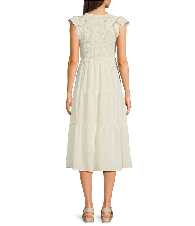 Blu Pepper Smocked V-Neck Short Flutter Sleeve Tiered Midi Dress | Liberty  Center