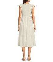 Blu Pepper Smocked V-Neck Short Flutter Sleeve Tiered Midi Dress