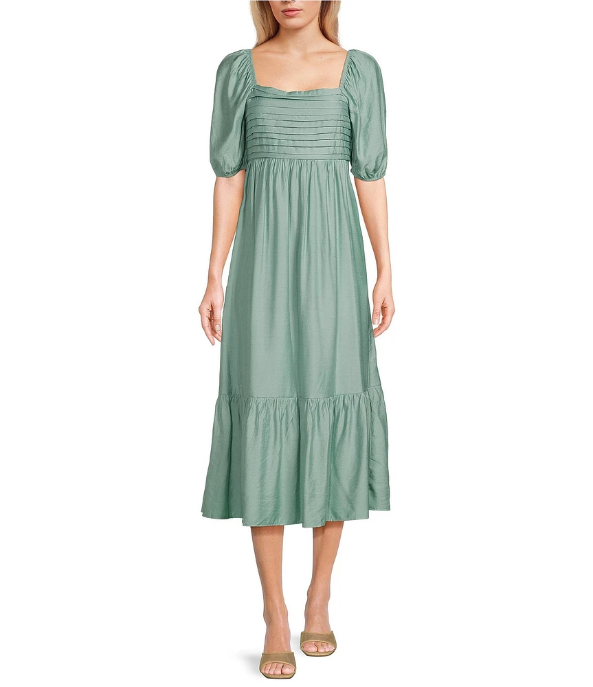 Blu Pepper Square Neck Short Puff Sleeve Pleated Midi Dress