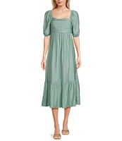 Blu Pepper Square Neck Short Puff Sleeve Pleated Midi Dress