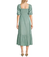 Blu Pepper Square Neck Short Puff Sleeve Pleated Midi Dress