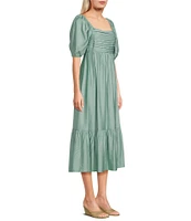 Blu Pepper Square Neck Short Puff Sleeve Pleated Midi Dress