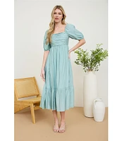 Blu Pepper Square Neck Short Puff Sleeve Pleated Midi Dress