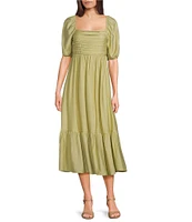 Blu Pepper Square Neck Short Puff Sleeve Pleated Midi Dress