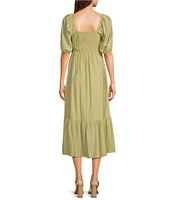 Blu Pepper Square Neck Short Puff Sleeve Pleated Midi Dress