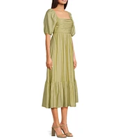 Blu Pepper Square Neck Short Puff Sleeve Pleated Midi Dress