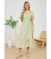 Blu Pepper Square Neck Short Puff Sleeve Pleated Midi Dress