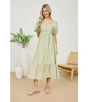 Blu Pepper Square Neck Short Puff Sleeve Pleated Midi Dress