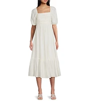 Blu Pepper Square Neck Short Puff Sleeve Pleated Midi Dress