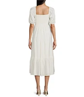 Blu Pepper Square Neck Short Puff Sleeve Pleated Midi Dress