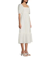 Blu Pepper Square Neck Short Puff Sleeve Pleated Midi Dress